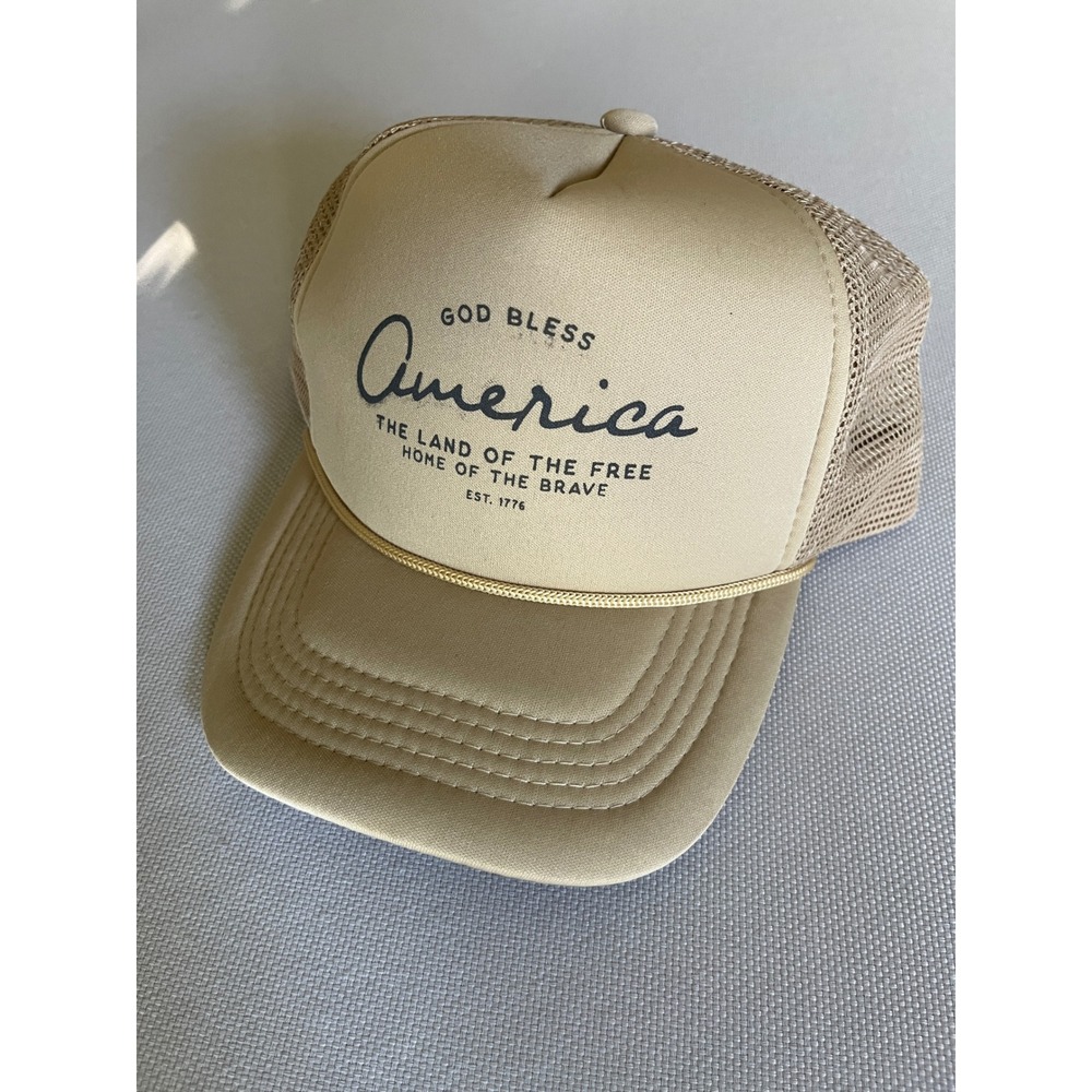 God Bless America Trucker Hat Tan Beige Snapback Mesh Cap Patriotic Est 1776